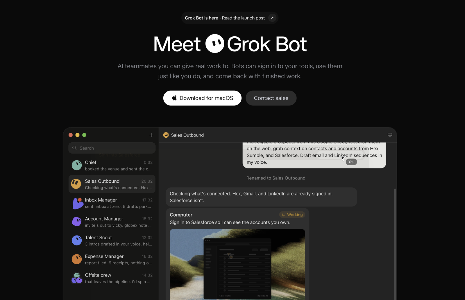 SpaceXAIのGrok Botの公式ページ。Botが人の代わりにツールにログインして仕事を仕上げると紹介している
