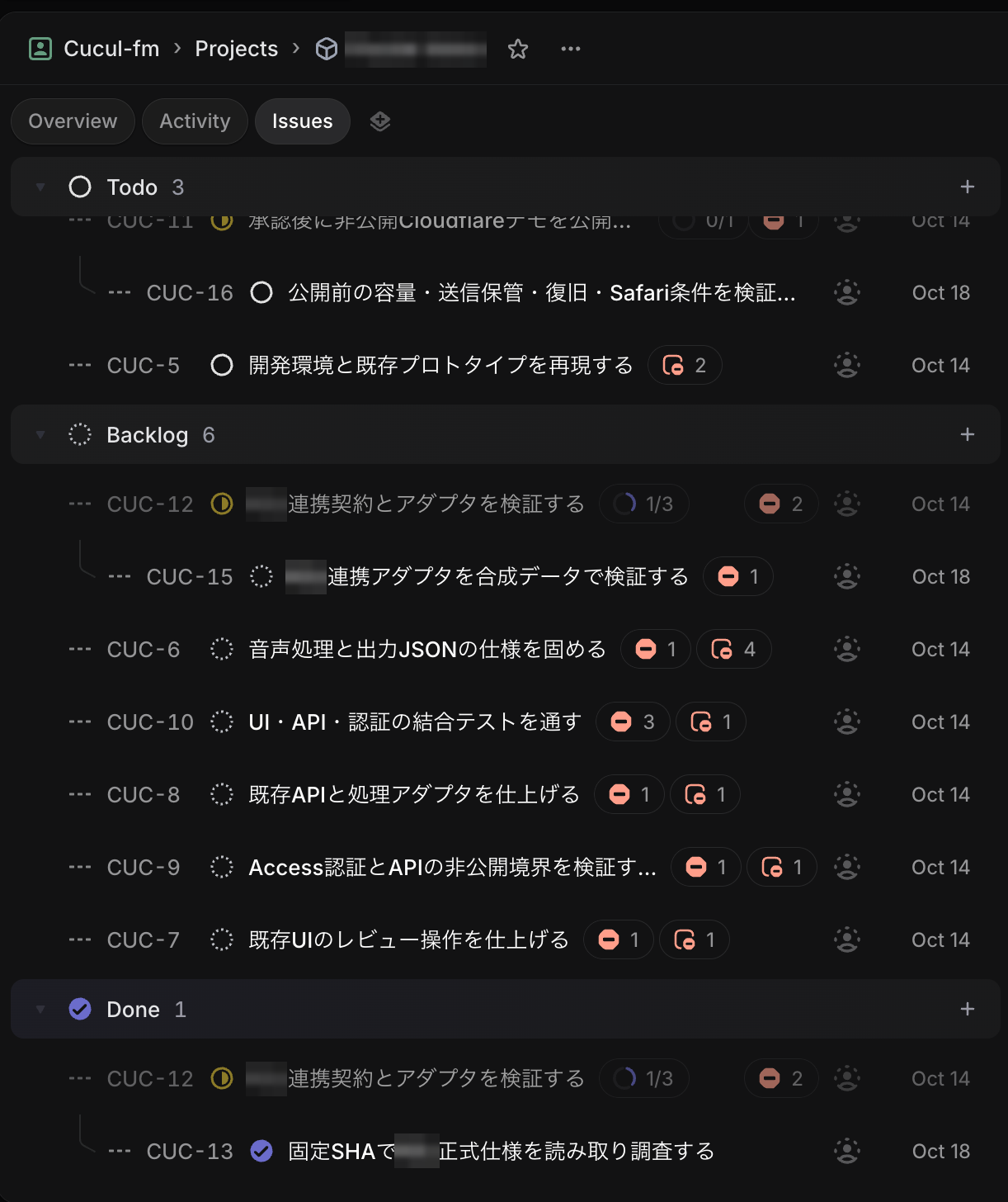 Linearの課題一覧。開発の内容がCUC-5からCUC-16までの小さな課題に分けられ、Todo・Backlog・Doneに並んでいる