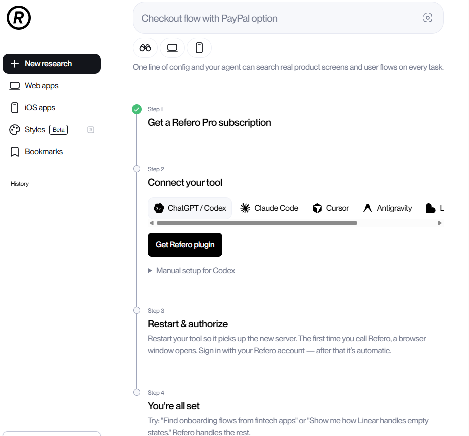ReferoのConnect MCP画面。有料プラン登録から接続完了までの4ステップが並ぶ