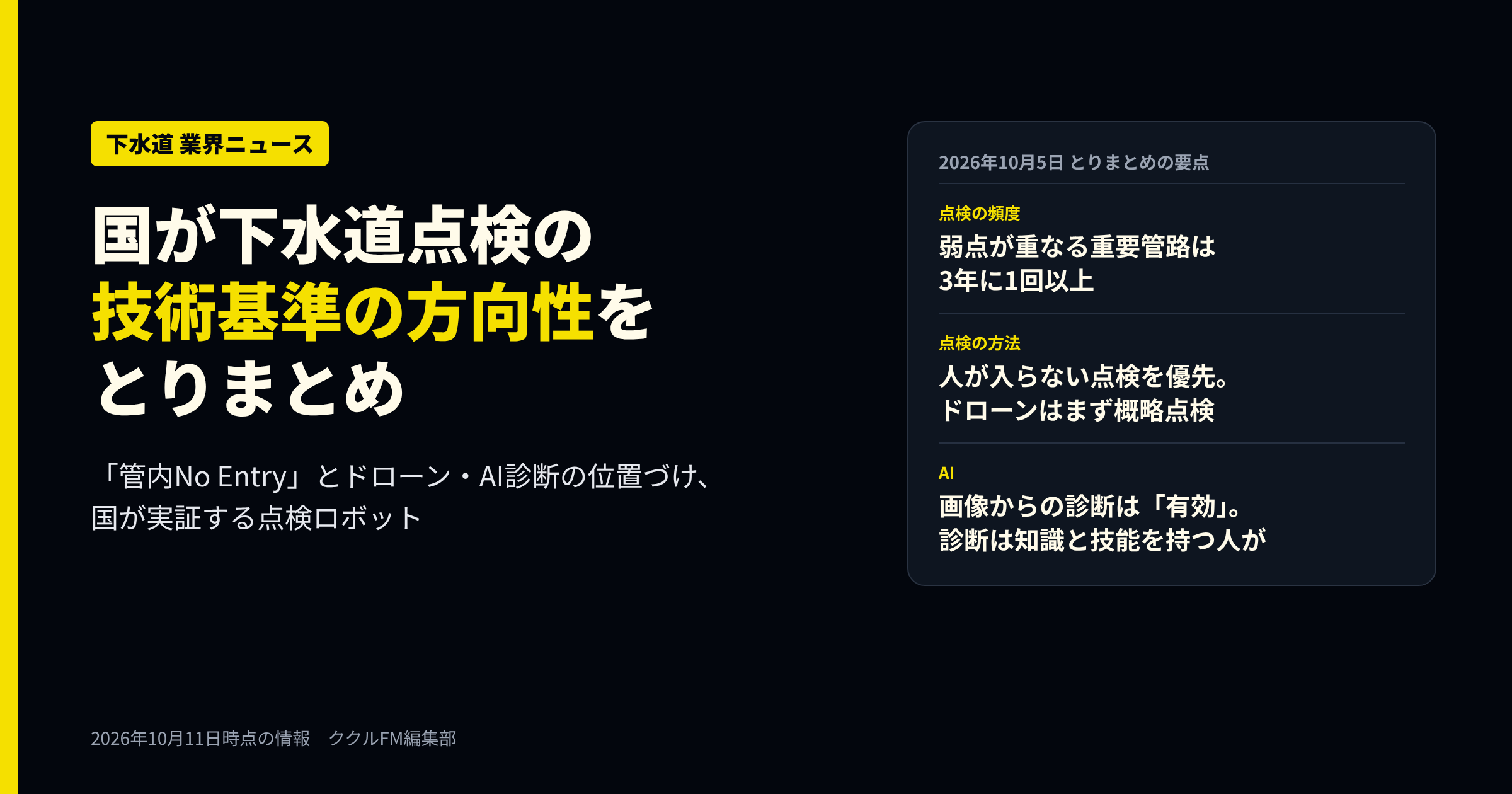 国の下水道管路の技術基準とりまとめと、人が入らない点検技術の動きをまとめたニュース記事のアイキャッチ