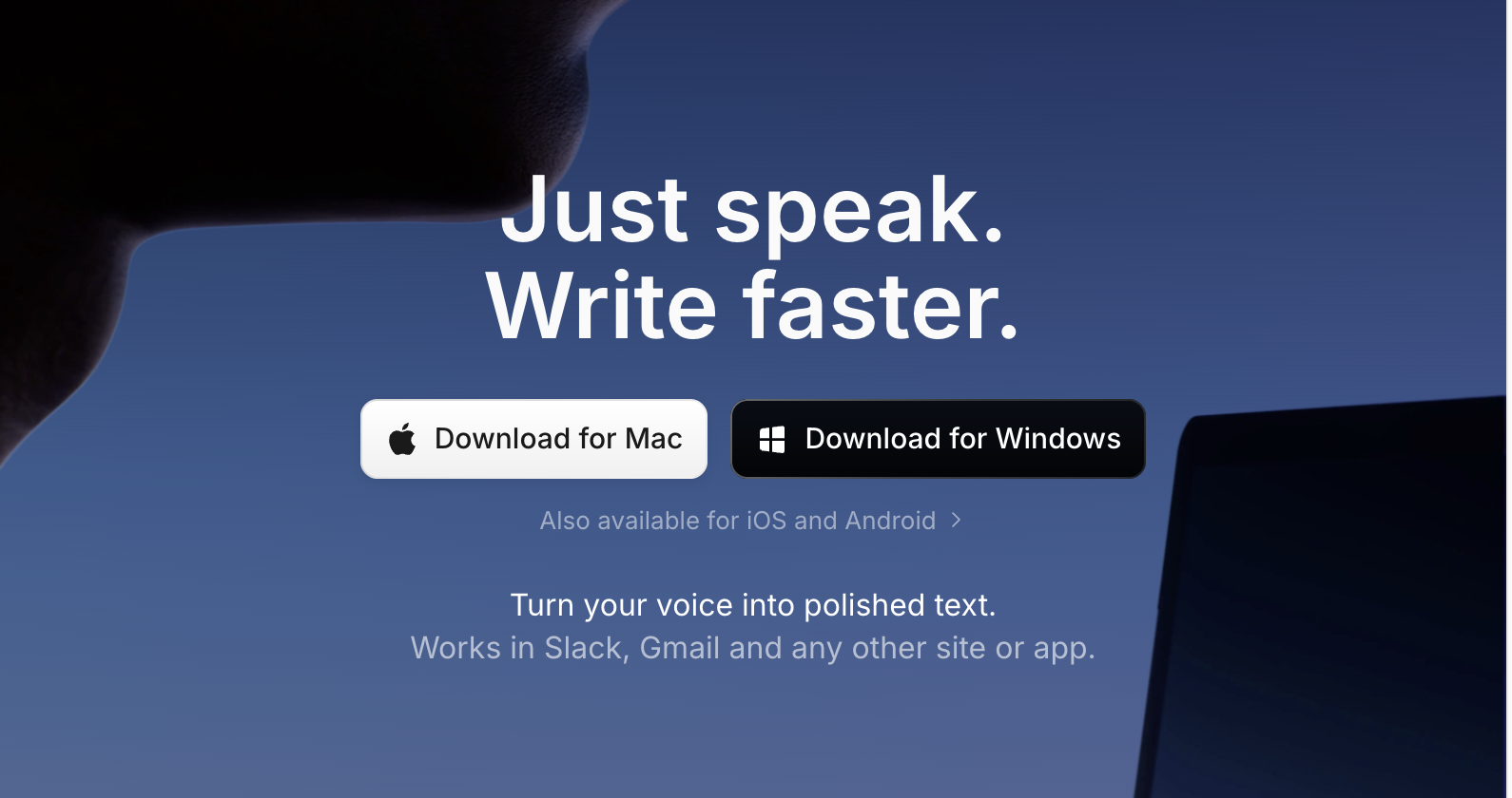 Superwhisperの公式サイト。「Just speak. Write faster.」と書かれ、MacとWindowsのダウンロードボタンが並ぶ