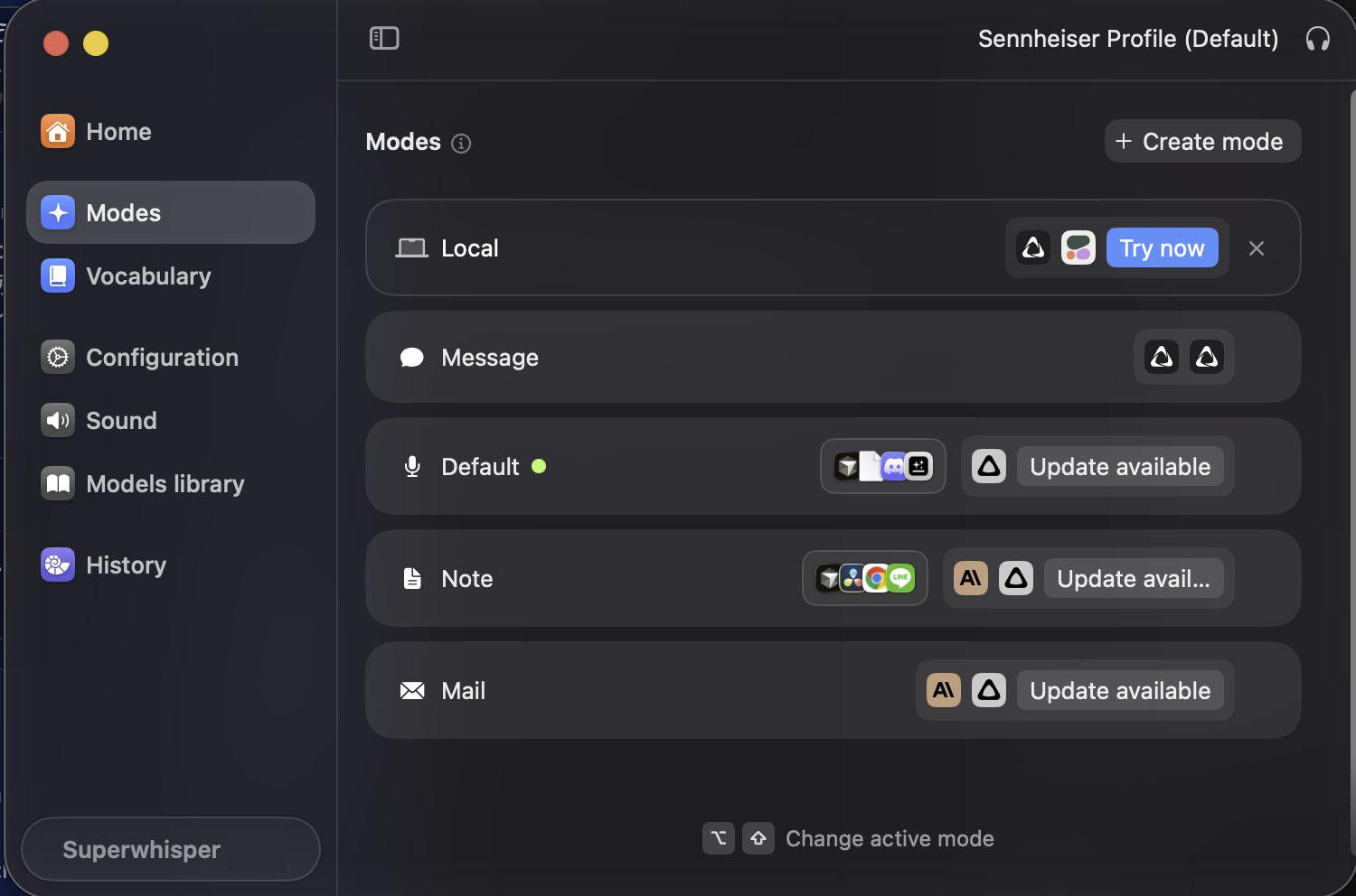 Superwhisperのモード一覧。Local、Message、Default、Note、Mailが並ぶ